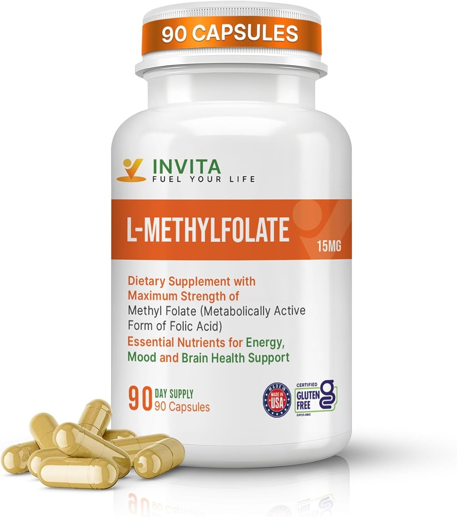 INVITA L-metilfolato (15mg) - Folato etilico attivo di resistenza professionale - Supplemento 5-MTHF per energia, Mood & Supporto immunitario - Non OGM, Gluten Free, No Fillers (15 mg)