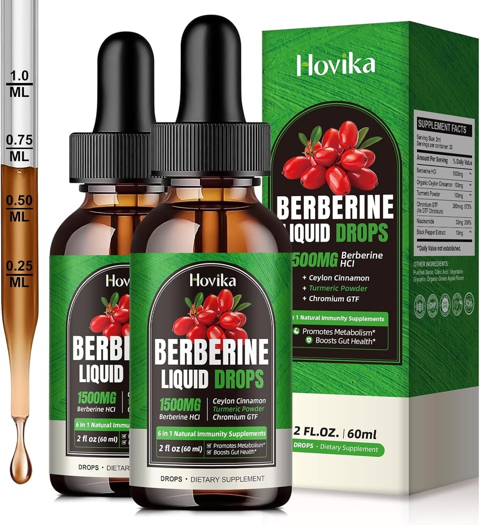 (2 Pack) Gocce liquide di HCL della berbina della berbina della berbina di 1500 mg con cannella di ceylon, cromo, curcuma, niacinamide - Supporta il metabolismo e il sistema immunitario, la salute del fegato Vegan