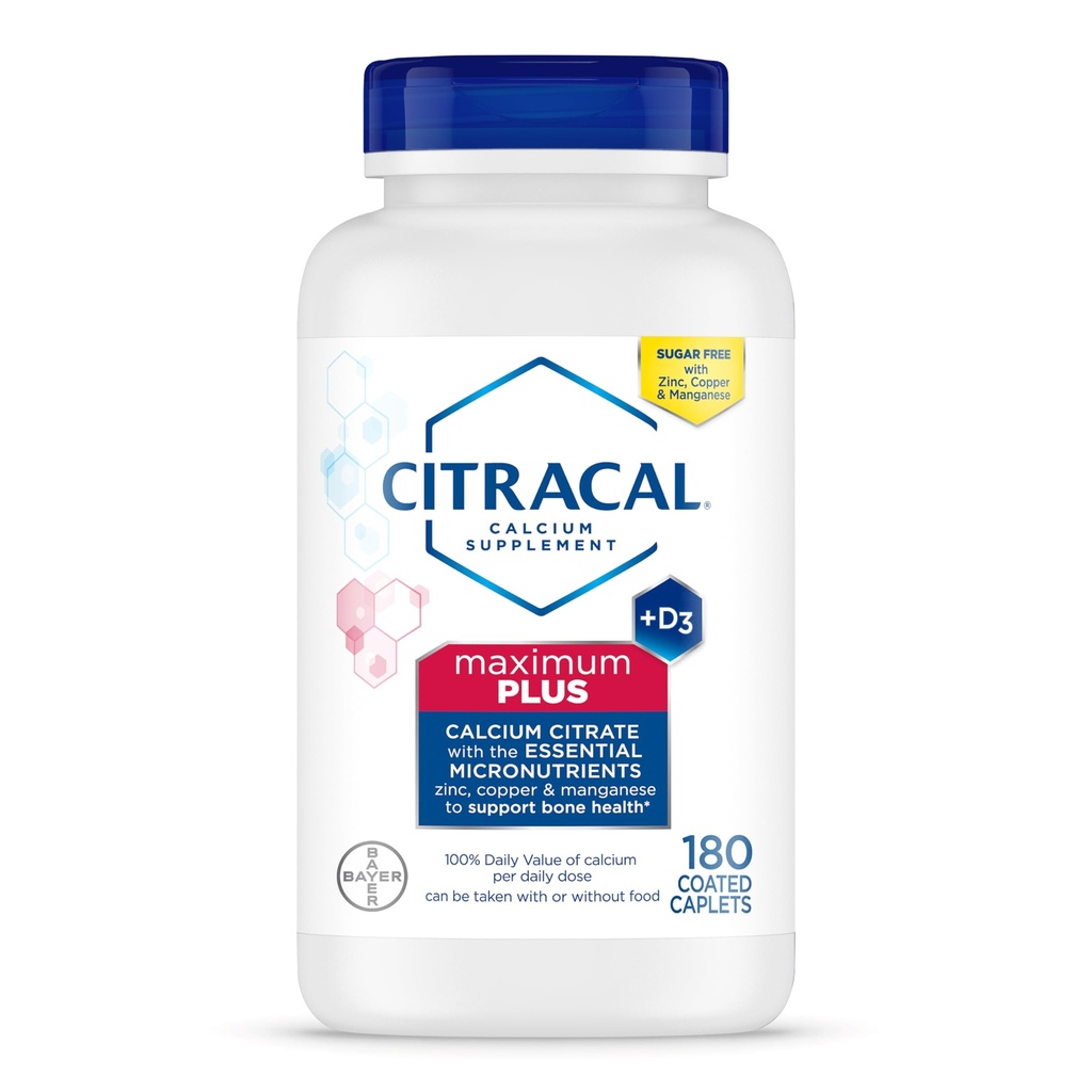 Citracal Maximum Plus Calcium Supplement - Citrato di calcio con vitamina D3, Zinco, & Minerali essenziali per il sostegno della salute di ossa, età 12+, 180 conteggio (varia di maggio di imballaggio)