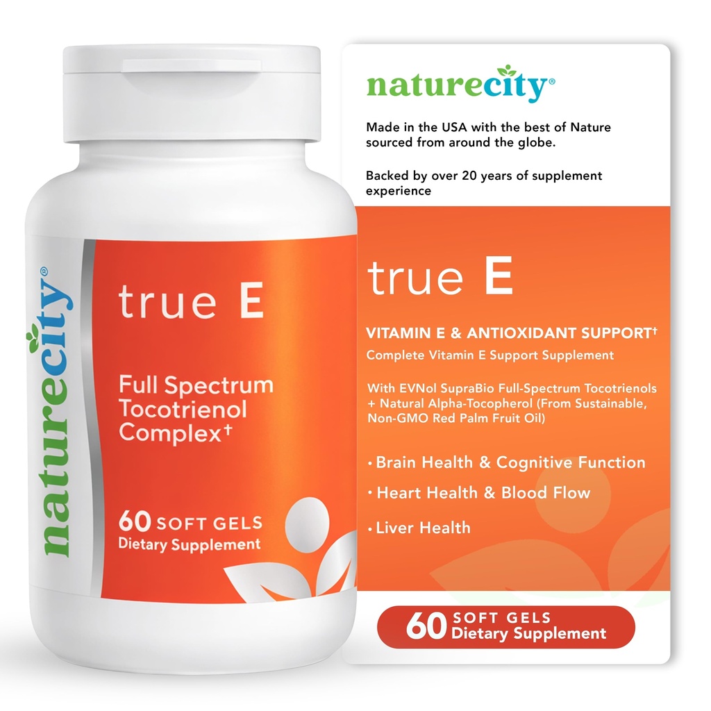NatureCity True-E Full Spectrum Tocotrienols Vitamin E & Natural Alpha Tocopherol Supplement | Vitamina E Tocotrienols Sostenibile di Evnol Suprabio | Non-GMO Vitamina E Complex | 60 Gel Morbidi