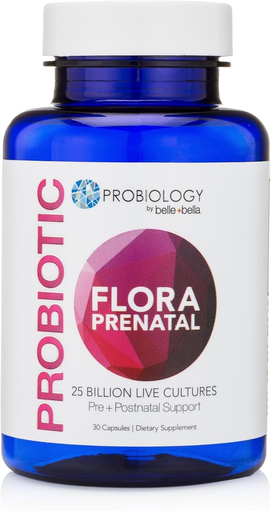 Belle+bella Probiologia Flora Capsule Prenatali - Doppio Azione Probiotici e Prebiotici Integratore con Acido Folico per Donne Prenatali e Postnali - Non OGM, Vegan & Gluten Free - 30 Caps
