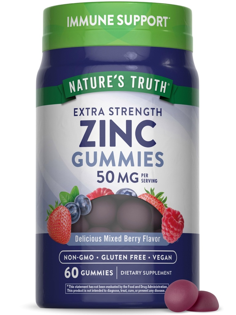 Verità della natura Zinc Gummies per Adulti | 50 mg | 60 Count | Vegan, Non-GMO & Gluten Free Extra Strength Supplement | Misto Berry Flavor