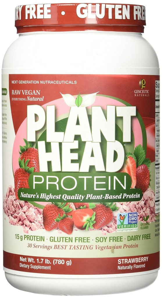 Genceutic Naturals Plant Head Protein Naturally Aromaed Best Tasting Strawberry Raw Vegan Protein Integratore alimentare Gluten Soy Dairy GMO Free – 30 Servings (1,8 Pounds)