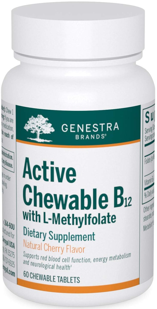 Genestra Brands Active Chewable B12 con L-Methylfolate | Chewable Vitamin B12 e Folate Supplement | 60 Chewable Tablets | Natural Cherry Flavor