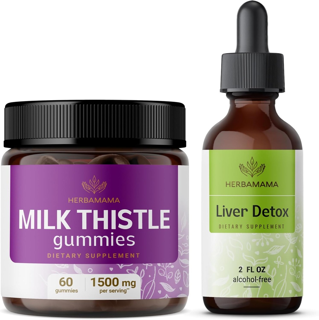 HERBAMAMA Kit complesso di supporto per il latte e il fegato - Bundle di latte Thistle Gummies & Liver Detox Liquid Complex 4 fl oz - Vegan, Non OGM, Alcohol-Free - 2 Pack