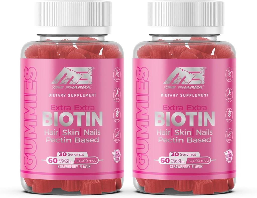 MB One Biotin Gummies-High Potency-Healthy Hair, pelle e chiodi di rinforzo, Vitamina B7, (10000 Mcg) Non OGM, Pectin Plant Based, per bambini e adulti, Strawberry Natural Flavor 2 Pack
