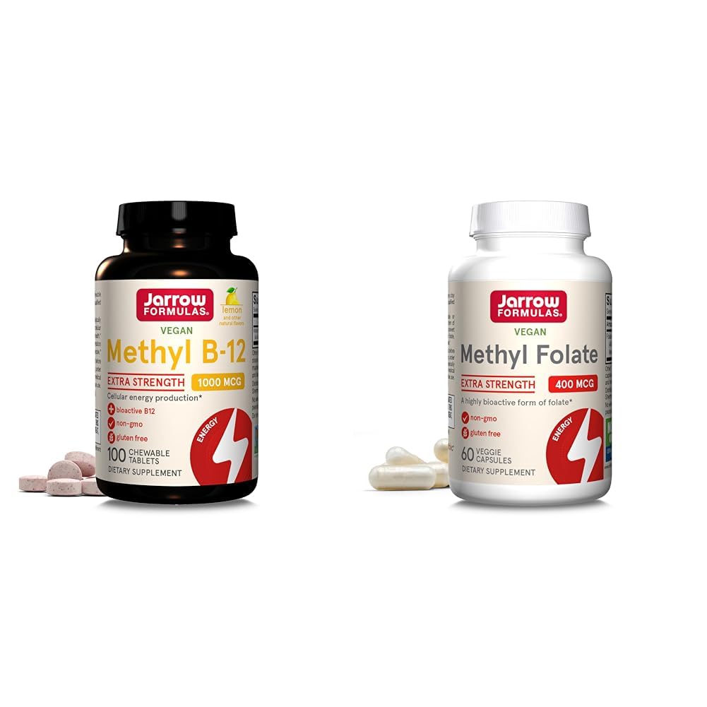 Jarrow Methyl B-12 1000mcg 100 Chewables & Methyl Folate 400mcg 60 Veggie Capsules Bundle per energia cellulare, cervello, cardiovascolare & Neurologic Health Support