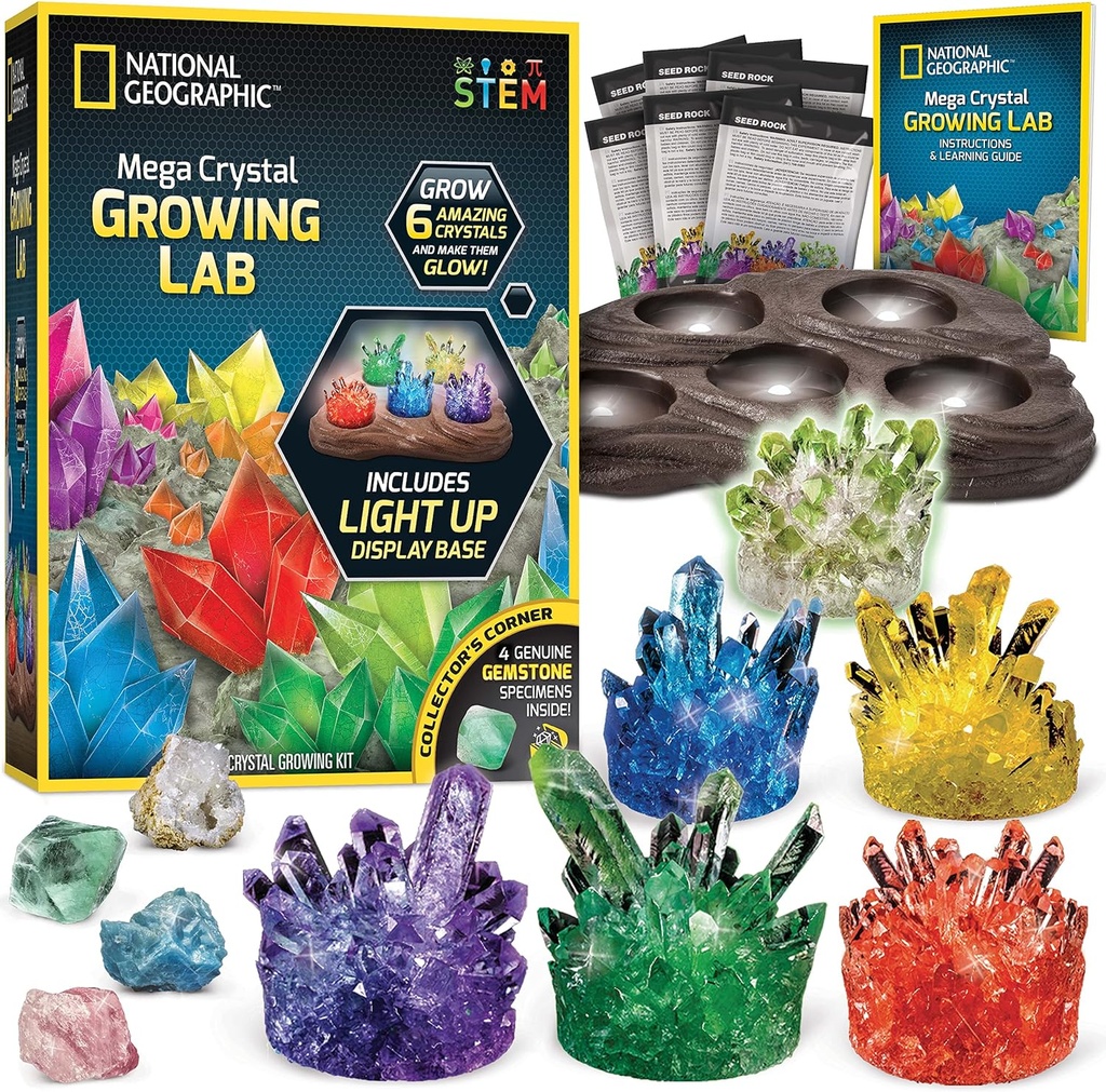 National Geographic Mega Crystal Growing Kit - Crescere 6 cristalli con Light-Up Stand, Regali di Scienza per bambini 8-12