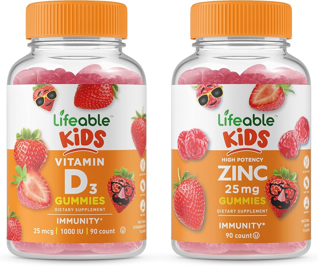 Zinco vitale 25mg Bambini + Vitamina D Bambini, Gummies Bundle - Grande Degustazione, Supplemento alla vitamina, Senza glutine, OGM libero, pancia masticabile