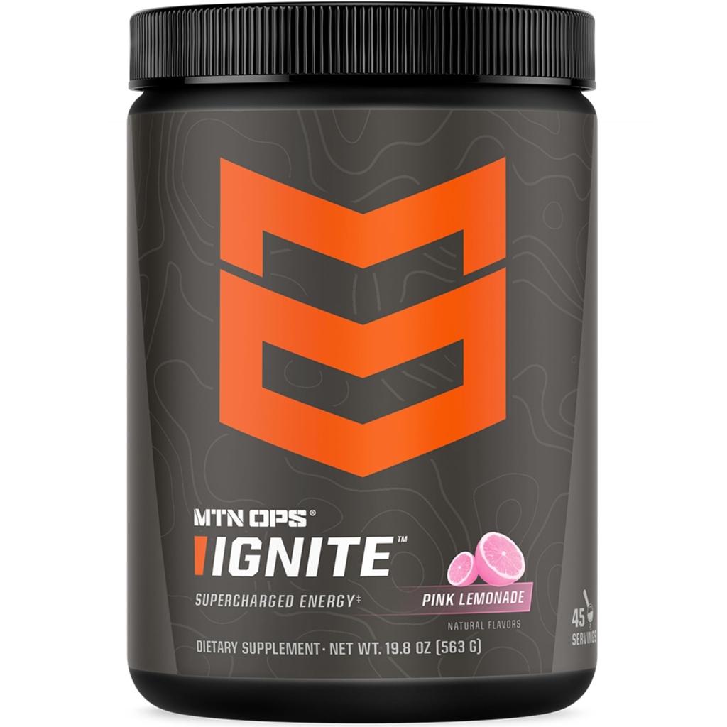 MTN OPS Ignite Energy Drink Powder, Gluten Free Nootropic Supplement Drink Mix, L Arginine, L Citrulline, Caffeina & Nootropic Sugar Free Drink Mix, 45 Servings, Pink Lemonade