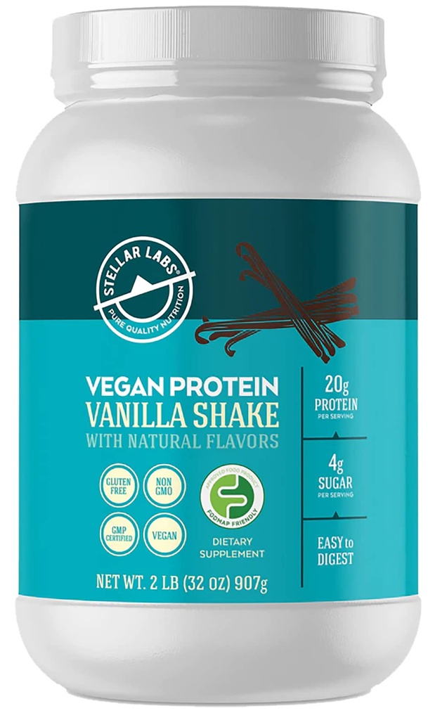 Stellar Labs Vegan Protein Powder with BCAA's & Antioxidants | Certified Low FODMAP, Non OGM, Gluten Free, Soy Free, Low Carb, with Stevia | Lean Plant Based Protein Powder Shakes | Vanilla