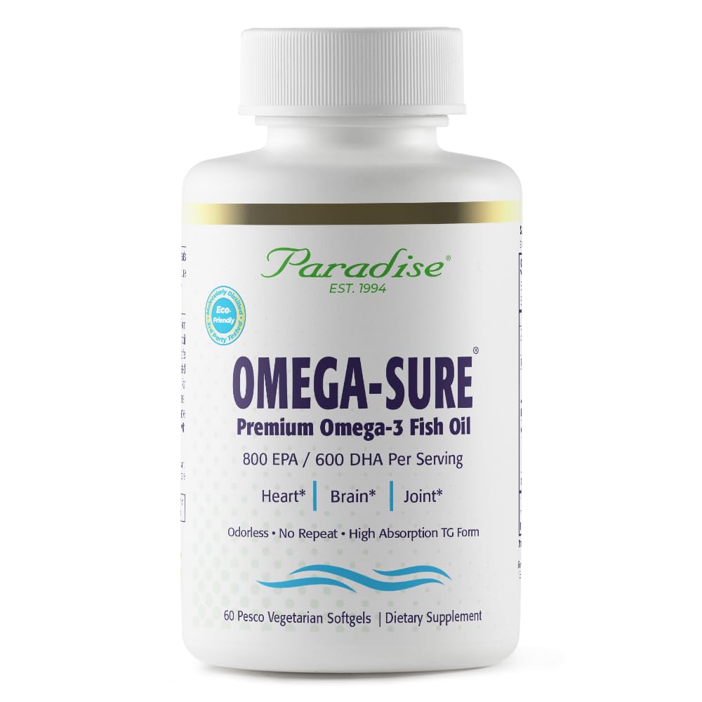 Paradise Herbs Omega-Sure, Omega-3 Concentrate, Olio di pesce Premium, DHA, EPA, Vegan, Non OGM, Gluten Free, 60 Count Vegetarian Softgels