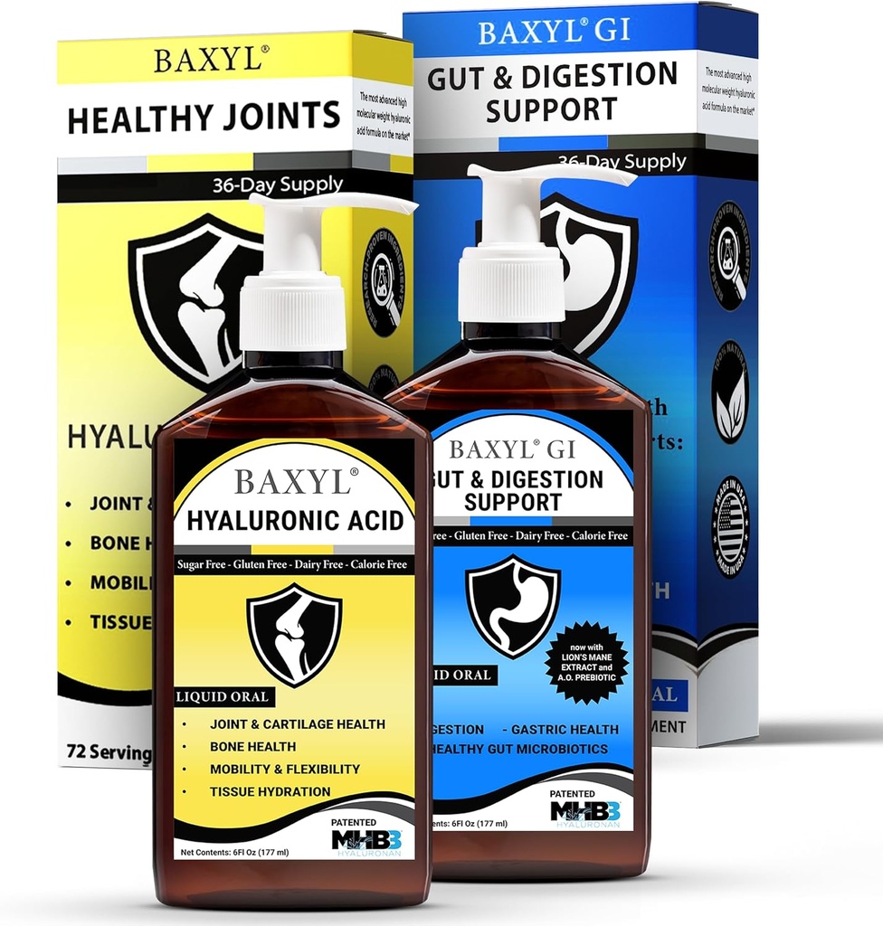 BAXYL & BaxylGI Bundle Pack - (6 fl oz Ogni) - Integratore congiunto acido ialuronico & Hylarunonan Amaferm Supplemento digestivo predibiotico.