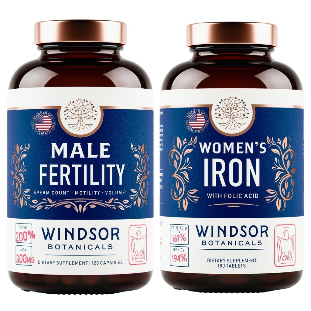 WINDSOR BOTANICALS Integratore di fertilità maschile e Pillole di ferro con acido folico - Fertilità e Bundle prenatale