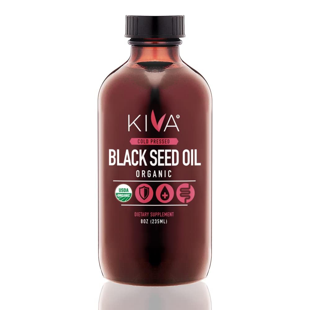 Kiva Organic Black Seed Oil - Ultra High 3X Thymoquinone (TQ), Cold-Pressed, 100% Turco Nigella Sativa Seed Oil, All-Natural Non-GMO Supplement - Vegan, 8 oz (235 ml) Vetro Bottiglia