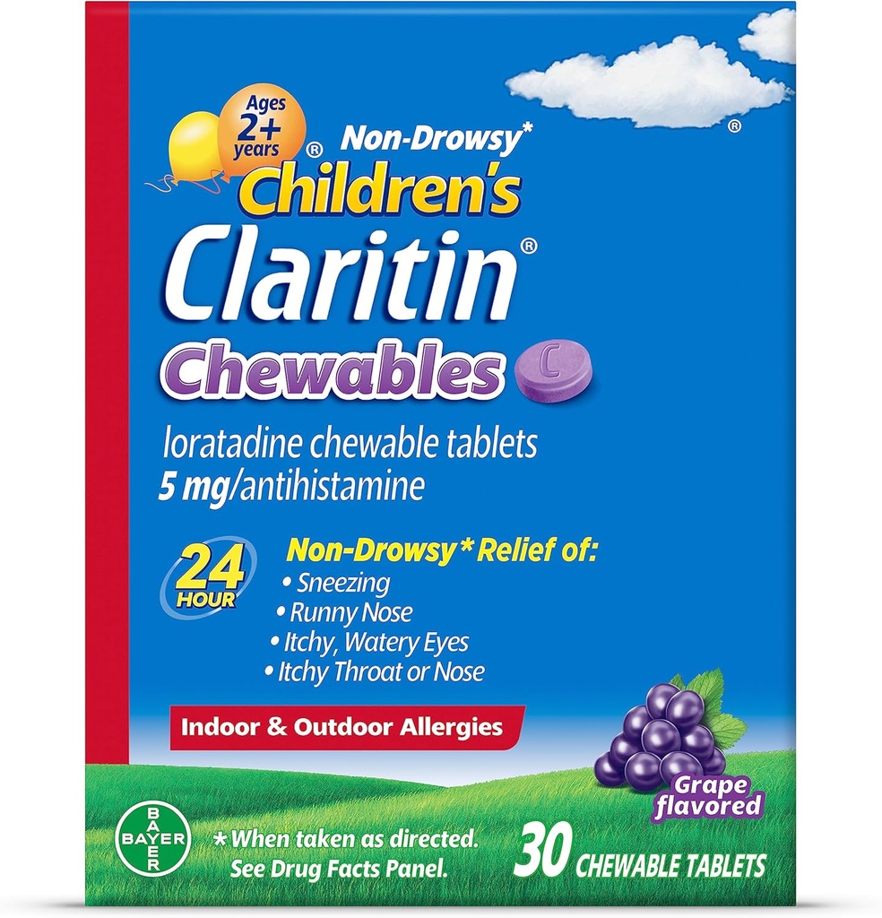 Bambini Claritin Chewables 24 ore Allergy Relief, Non Drowsy Kids Allergy Medicine, Grape Antihistamine Chewable Tablets, 30 Conte