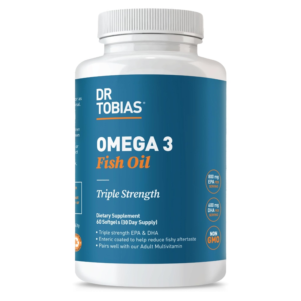 Dr. Tobias Omega 3 Fish Oil, 2000mg Triple Strength con 800mg EPA 600mg DHA Per Serving, Fish Oil Omega 3 Integratori per Cuore, Cervello e Supporto Immune, 60 Softgels, 30 Serve