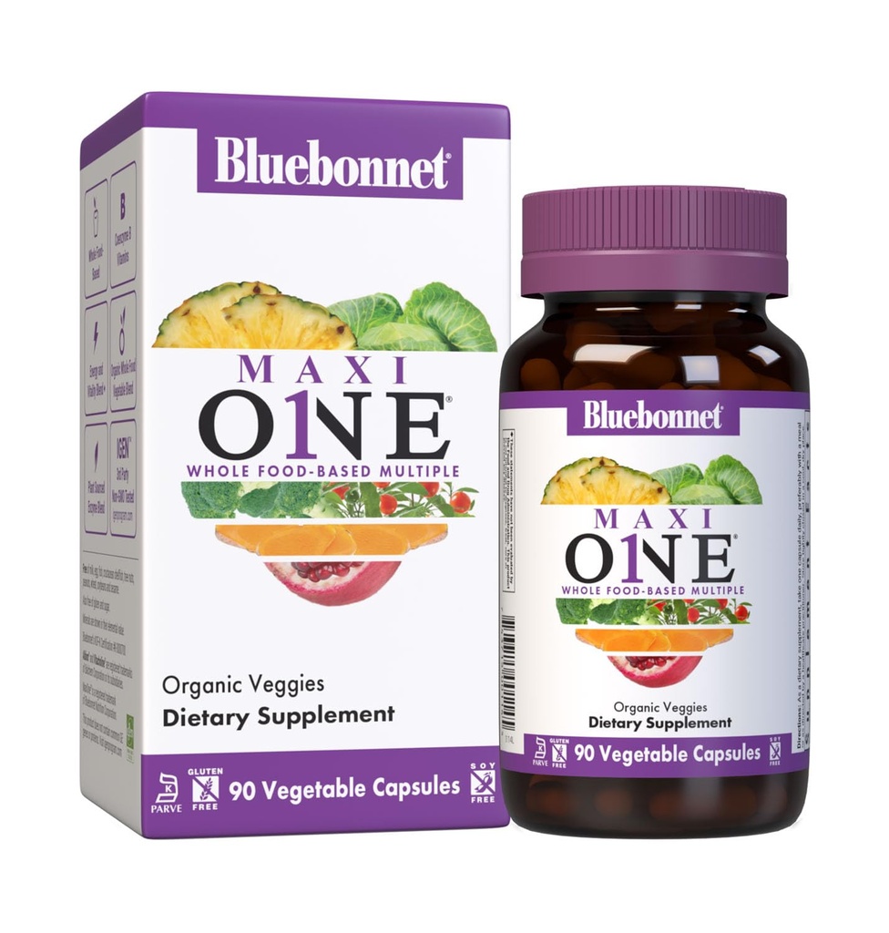 Nutrizione Bluebonnet Maxi One (con ferro), Cibo intero Multiple, Enzimi, Energia, Vitalità, Senza glutine, Kosher, Latticini-Free, Per vegetariani, Soy-Free, Non-OGM, 90 Capsula vegetale, 3 mesi di fornitura, Beige