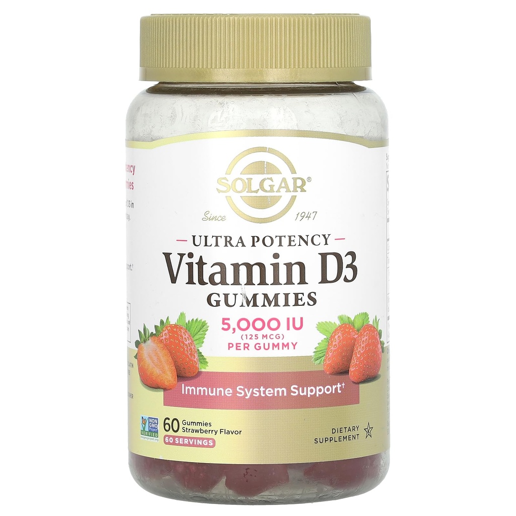Solgar Vitamin D3 Gummies per adulti 5000IU Ultra Potency Vitamin Immune System Support per le donne e gli uomini - Tasty Strawberry Flavor, Gluten & Gelatin Free Gummy, 2 mesi di alimentazione, 60 Servings, 2g Zucchero