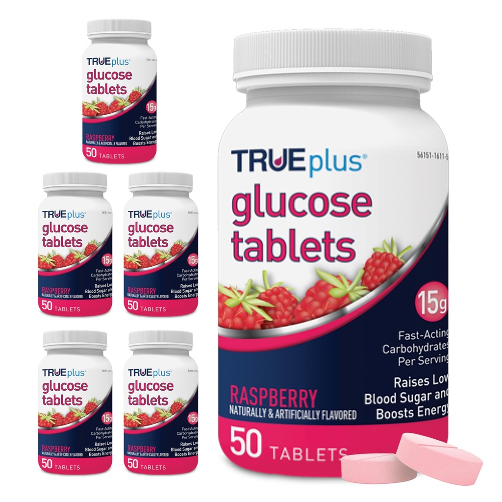 TRUEplus® Glucose Tablets, Raspberry Flavor - 50 Count (Pack di 6)