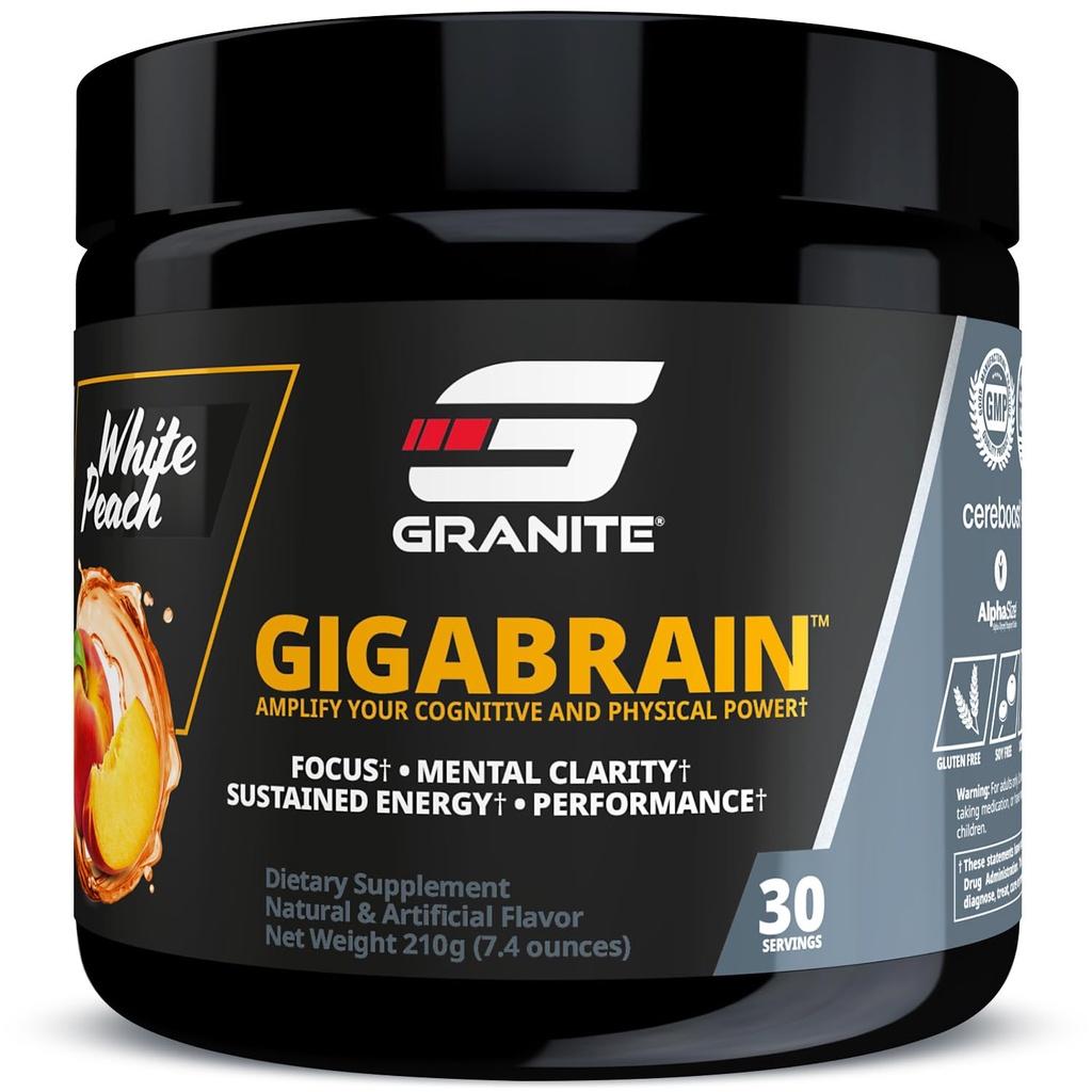 Granito Nutrition GigaBrain polvere di energia nootropica – Cereboost, Alpha-GPC & ElevATP – Integratore di messa a fuoco cognitivo per l'energia e le prestazioni sostenibili – Peach bianca, 30 Serve