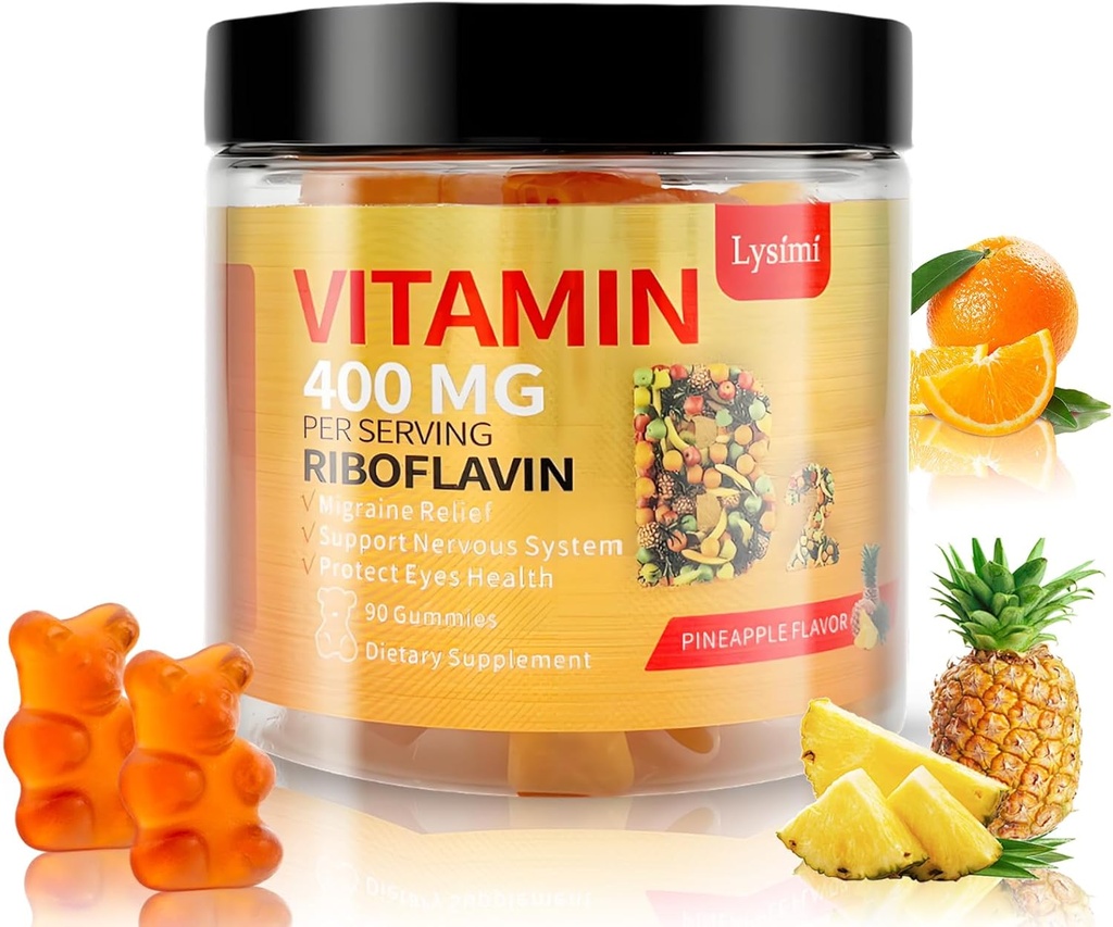 Vitamina B2 Gummies, Vitamina B2 Riboflavin Gummies 400mg con Magnesio & Coq10, Migraine Relief & Headache Relief, per Bambini & Adulti, 90 Gummies masticabili (1)