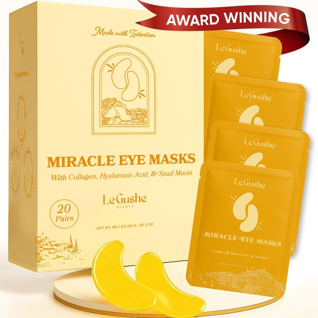 LE GUSHE Gold Under Eye Patches for Puffy Eyes and Dark Circles (20 coppie) - Idratazione del collagene sotto le maschere degli occhi con la mucina dell'olio - Trattamento degli occhi gonfiabili per le donne e gli uomini - Regali da sposa