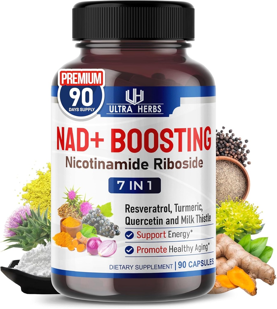 NAD+ Integratore con Nicotinamide Riboside NR, Trans Resveratrol, Quercetin - Support Cellular Energy, Longevità, Affinamento sano *USA Made & Tested* (90 Count (Pack of 1))