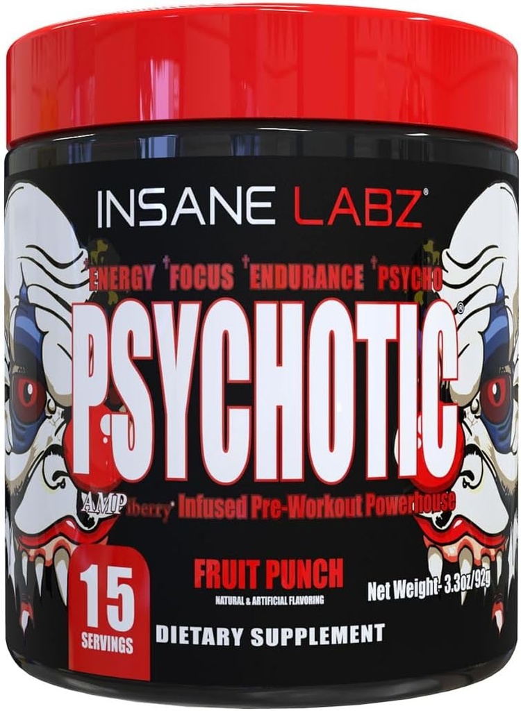 Insane Labz Psicotico, Polvere pre allenamento ad alto livello, estrema energia di ultimazione, messa a fuoco e resistenza con Beta Alanine, Monoidrato di Creatina, DMAE, 15 Srvgs, Punch di frutta