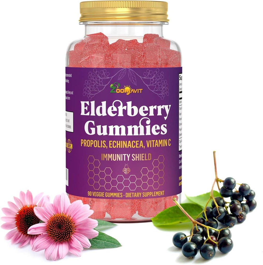 Gummie di mirtillo con vitamina C, Echinacea, Propolis - Gomma di supporto immunitario per bambini, Adulti - Sambucus Black Elderberry Extract Booster immunità (90 Conte)