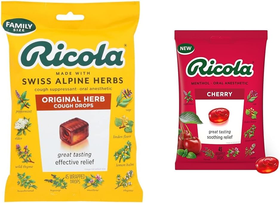 Ricola Originale Natural Herb Cough Suppressant Gocce di gola, 45 gocce, combatte tosse Naturalmente, Soothes Throats, Naturally Soothing Relief & Cherry Throat Drops, 45 Count