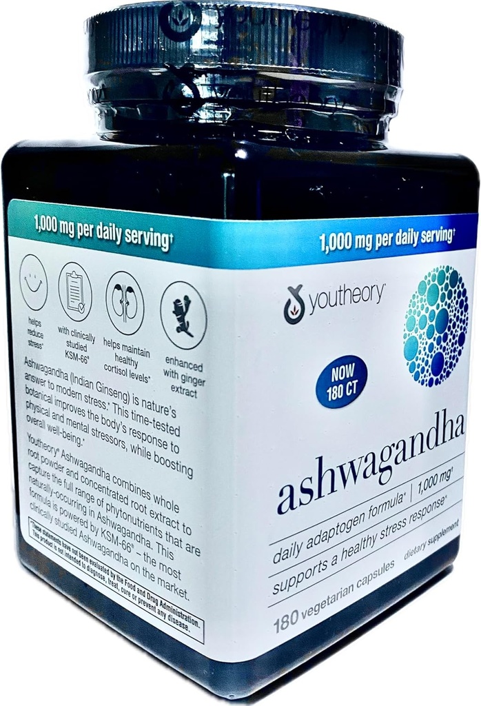 Generico Ashwagandha Supplemento Organico KSM-66 Ashwagandha Integratore Vegetariano 180 Capsule, 1000mg per Serving Giornaliero, Supporto Assistenza Sano Stress Management Response, Pearl White