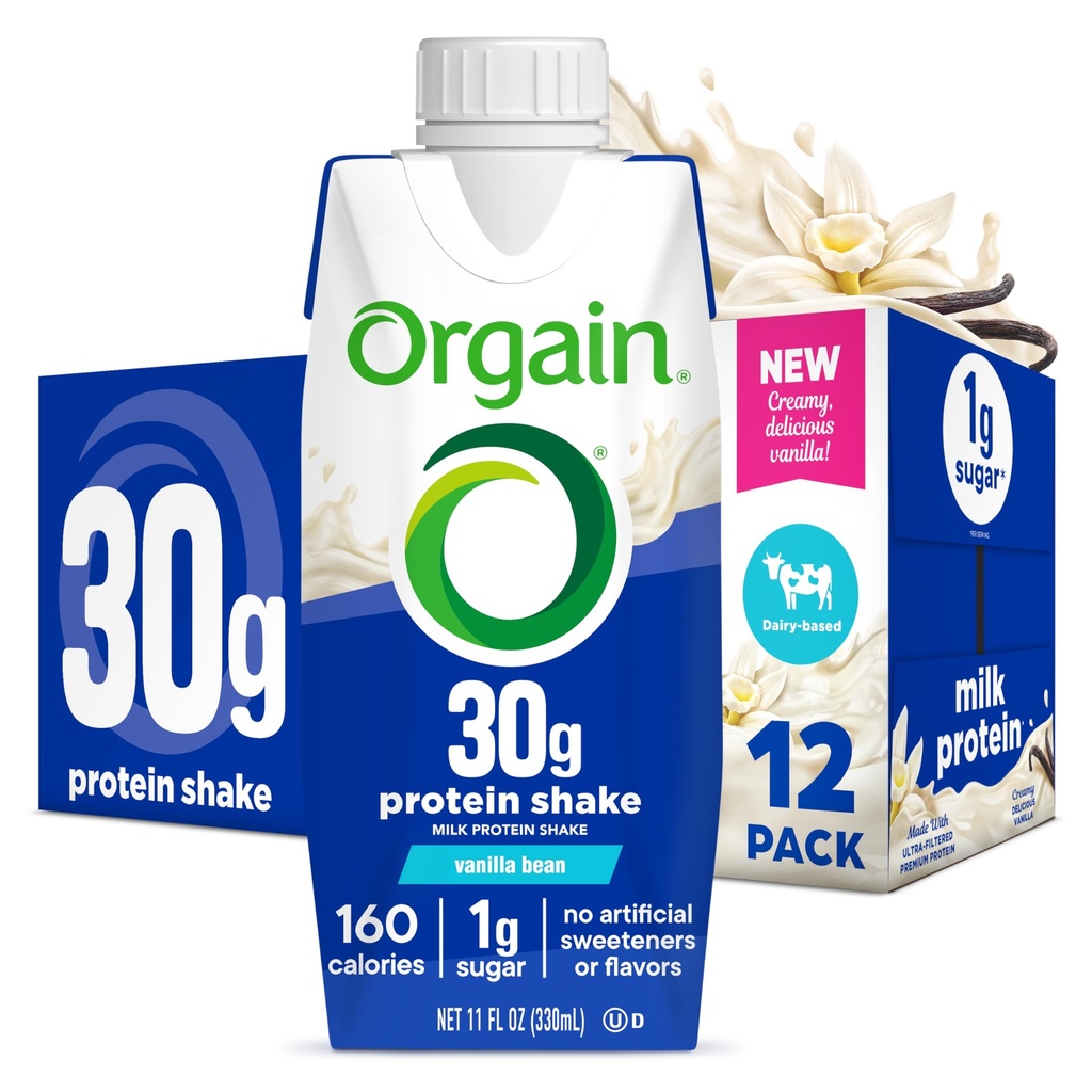 Orgain 30g High Protein Shake, Dairy Isolate Milk Protein, Vanilla Bean, 5g BCAAs, 1g Zucchero Per Serve, Meal Sostituzione, Pronto per Bere, Keto Friendly, Gluten-Free 11 Fl Oz (Pack of 12)
