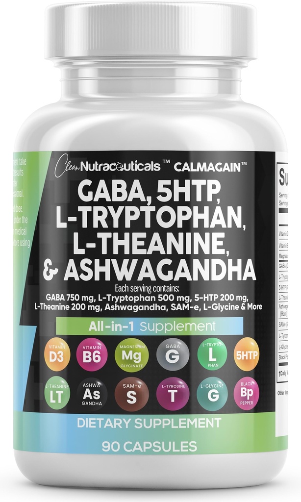 Clean Nutraceuticals GABA 750mg 5 HTP 200mg L Tryptophan 500mg L Theanine 200mg Ashwagandha SAM-e L-Glycine - Mood Support Vitamine per le donne e gli uomini con L-Tyrosine 5-HTP (5-Hydroxytryptophan)