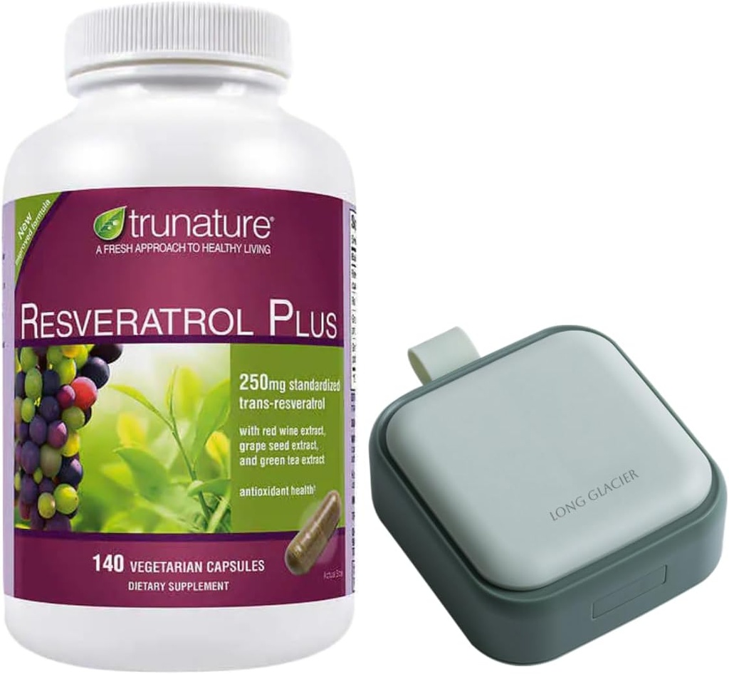 Trunature Resveratrolo Plus, 140 capsule vegetariane Bundle con un Oragnizer Pillola, Piccolo contenitore di pillole per la medicina, vitamine, verde