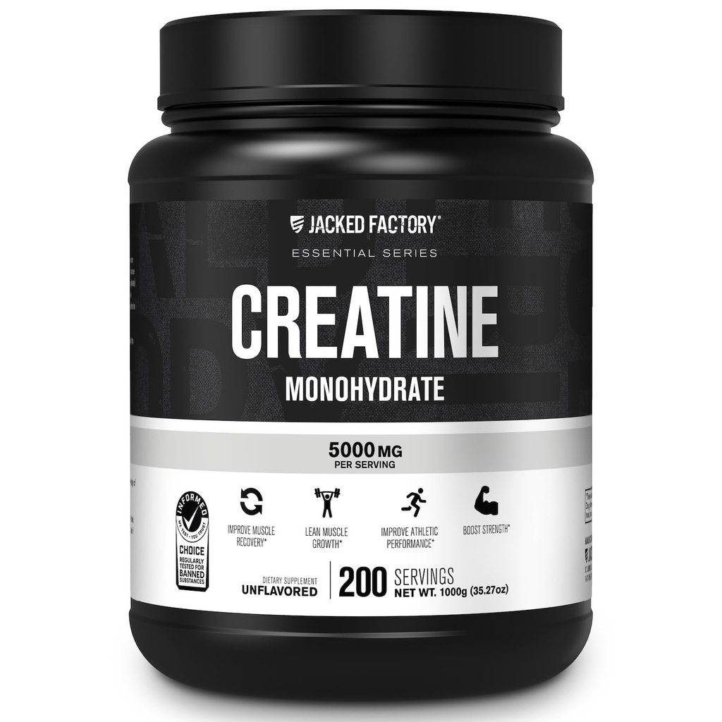 Polvere monoidrata della creatina della fabbrica di Jacked 1000g - 5g supplemento giornaliero di creatina per gli uomini e le donne, Vegan-Friendly, Testato di terze parti - 200 Servings, non aromaed