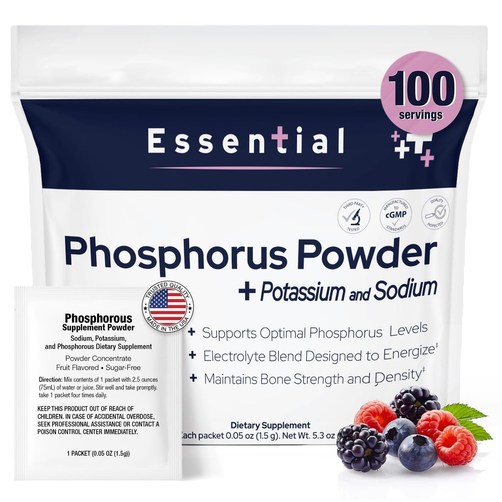 Phosphorus completa 100 pacchetti, integratori alimentari polvere con fosfato di sodio e fosfato di potassio, polvere di supplemento fosforo aromatizzato alla frutta per elettrolita, salute di ossa e salute del rene