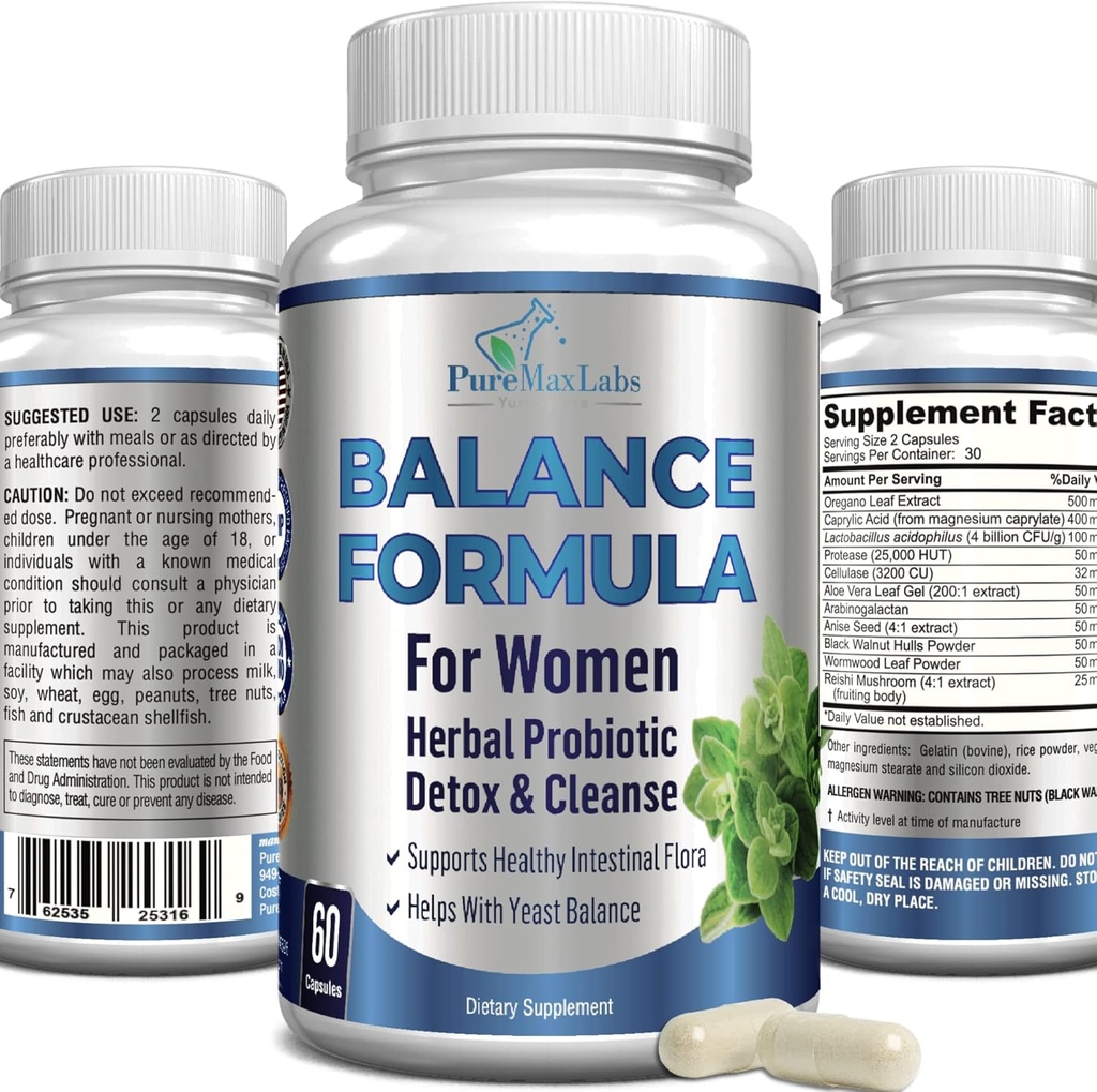 Complesso di equilibrio per le donne - per la salute vaginale, disintossicazione estetica, probiotici vaginali, supporta la flora intestinale sana, aiuta con le infezioni del seno 60 capsule