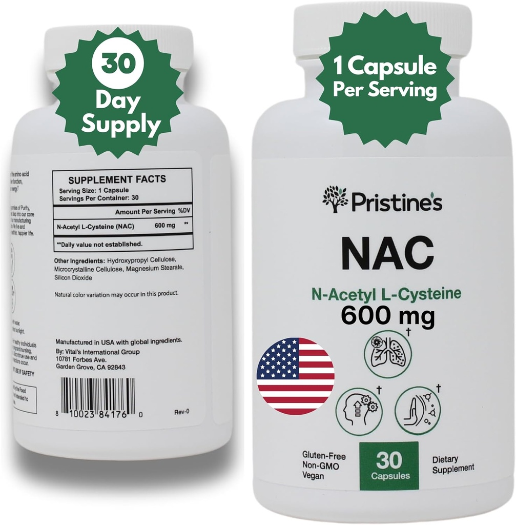 L-Cysteine (NAC) 600MG 30-Day Supply Potent Lung & Liver Immunity Antioxidant Supplement Capsule - Mood & Mental Health Support