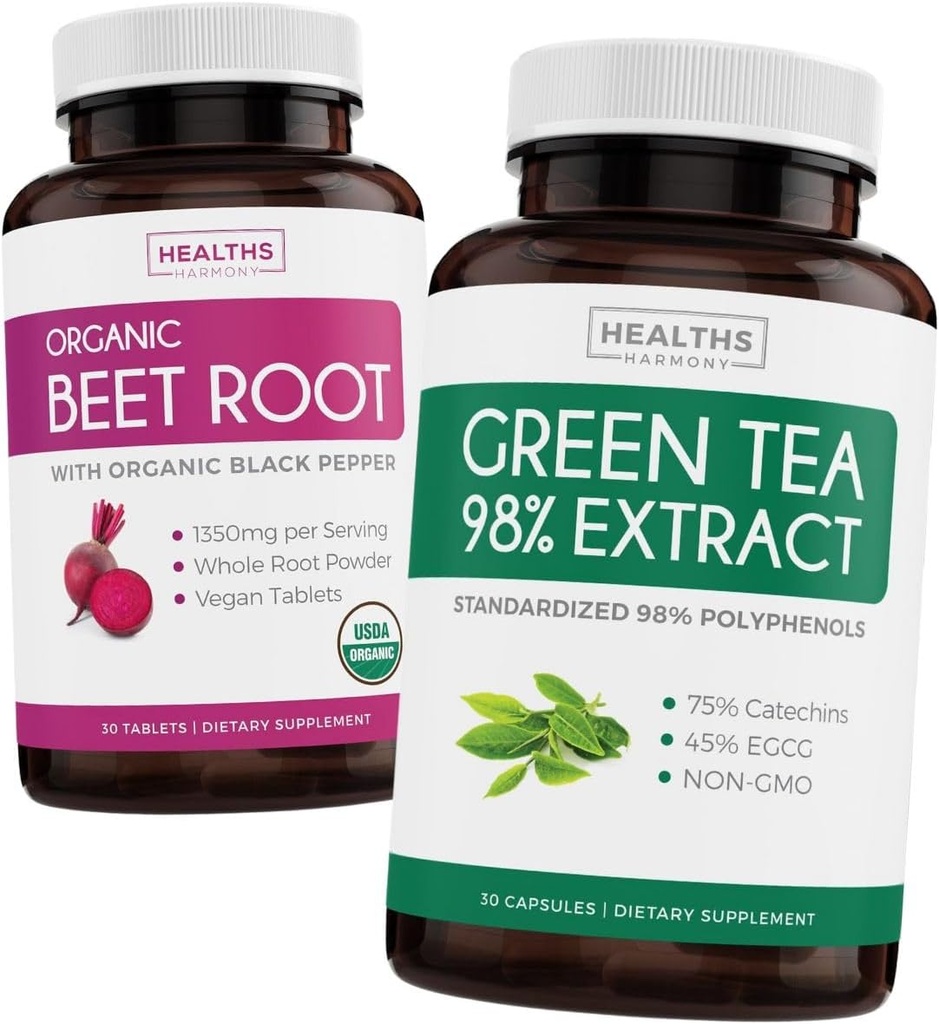 Radice di barbabietola & Estratto di tè verde (2-Fornitura calda) Miscela di alimentazione di barbabietola &amp; tè - Radice di barbabietola biologica con pepe nero per assorbimento 1250mg (30 compresse) & Estratto di tè verde 98% con EGCG 1000mg per servizio (30 caps)