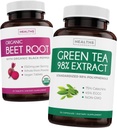 Radice di barbabietola & Estratto di tè verde (2-Fornitura calda) Miscela di alimentazione di barbabietola &amp; tè - Radice di barbabietola biologica con pepe nero per assorbimento 1250mg (30 compresse) & Estratto di tè verde 98% con EGCG 1000mg per servizio (30 caps)