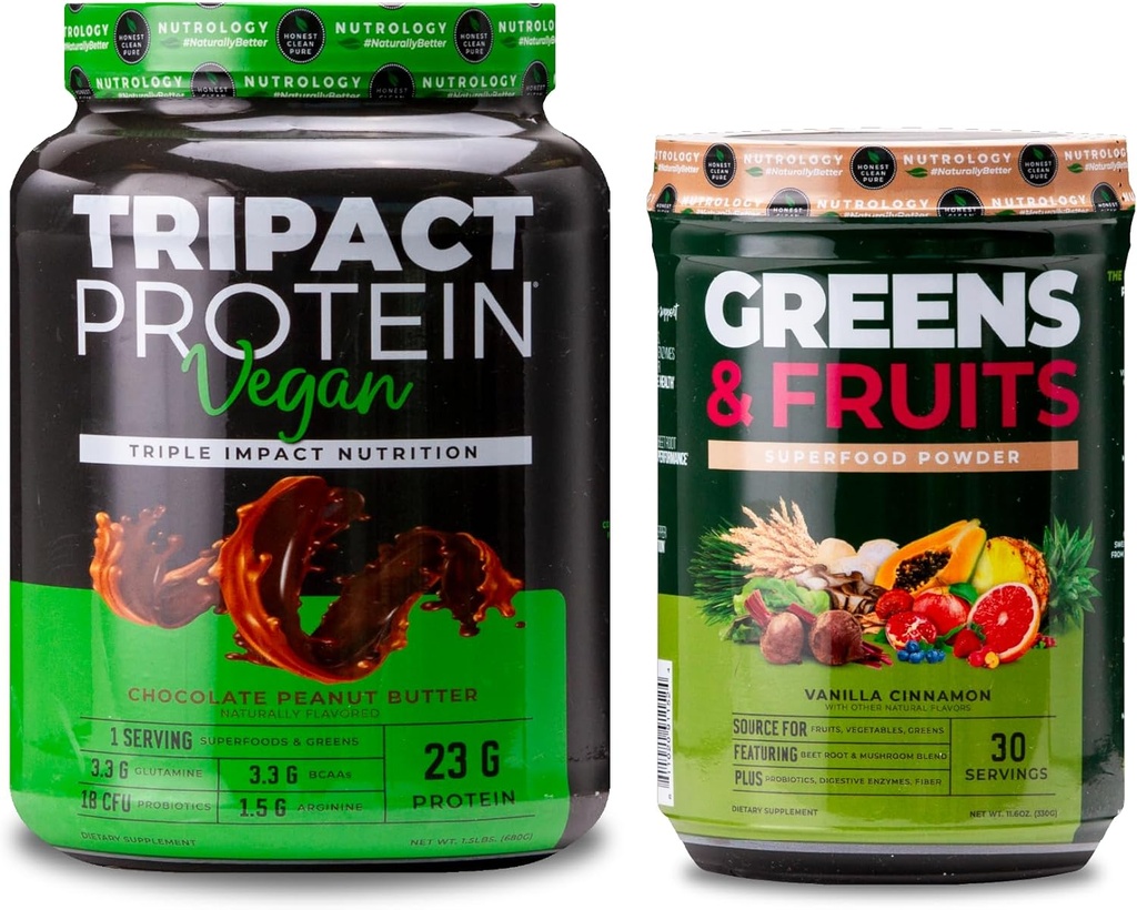 Nutrologia Greens & Fruits Powder-Naturally Sourced Superfood, Vanilla Cinnamon (30 Serve) TRIPACT Vegan Protein Powder, Chocolate Peanut Butter (20 Serve)