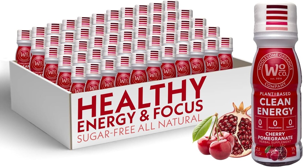 Organici Wholesome - Zucchero Free Energy Shots Extra Strength Bevande energetiche naturali e sane - Integratori energetici basati sulle piante w/Vitamin B12 Lion's Mane & Yerba Mate - Cherry Pomegranate Flavor 48 Pack