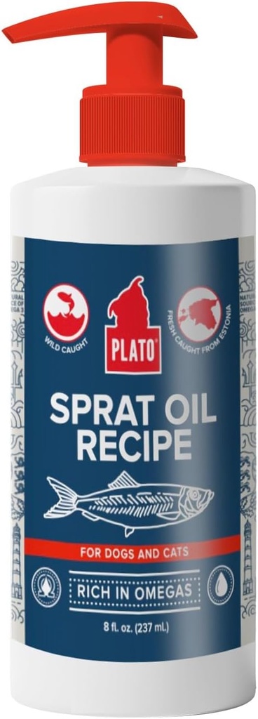 PLATO Pet Tratta olio di pesce per cani - Omega 3 olio per cani - Supporta pelle sana e cappotto - Baltic Sprat olio ricetta 8 once