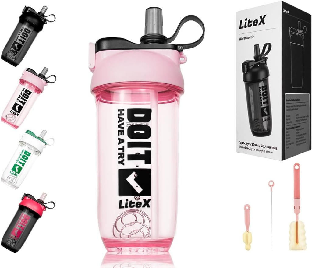 Bottiglie per frullatore Litex per frullatori di proteine, flacone per frullatore 26oz per pre-allenamento, coppe con paglia, bottiglie tritan senza BPA per polvere proteica, con spazzole e istruzioni per tazza (Pink)
