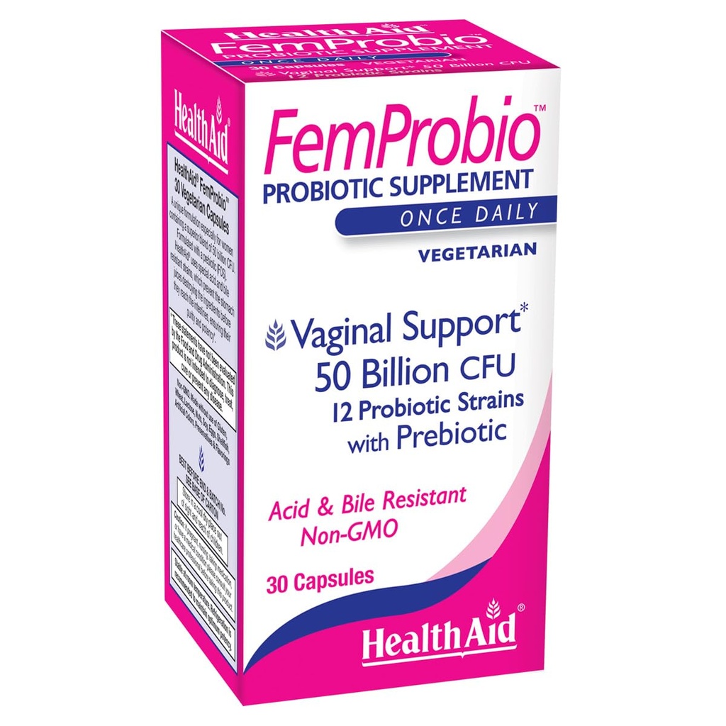 HealthAid FemProbio – Probiotico con fibra prebiotica | 50 miliardi di CFU | 30 capsule vegetariane | Acid & Bile Resistant, Lattosio, Gluten & GMO-Free