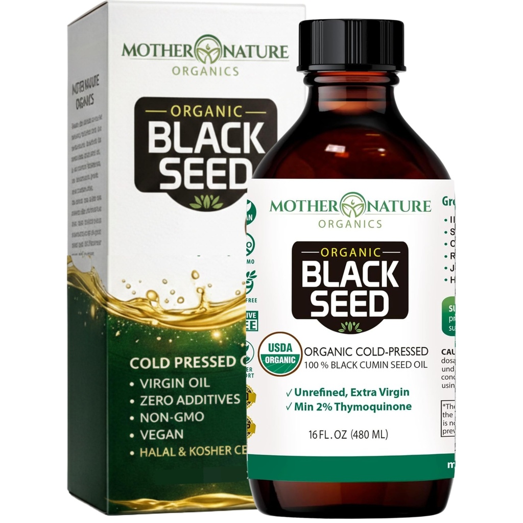 Madre Natura USDA Organic Black Seed Oil – Pressato a freddo, Non raffinato & Vegan Nigella Sativa, Alto Thymoquinone (2%+), Omega 3 6 9 per Immune, Joint & Heart Support, Hair & Skin, Non-GMO, 16oz