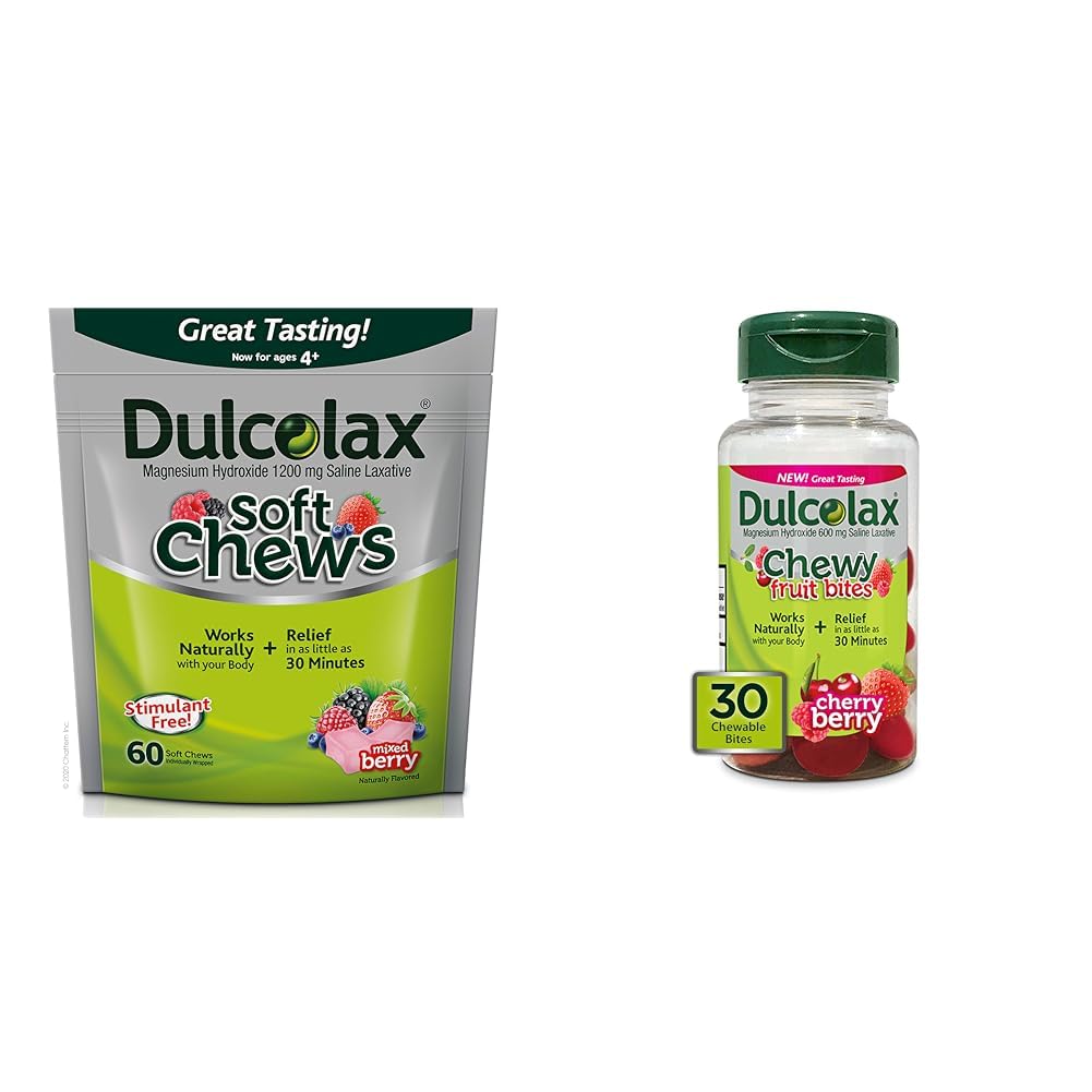 Dulcolax Soft Chews Saline Laxative Mixed Berry (60ct) Gentle Constipation Relief & Chewy Fruit Bites, Saline Laxative, Cherry Berry (30ct)