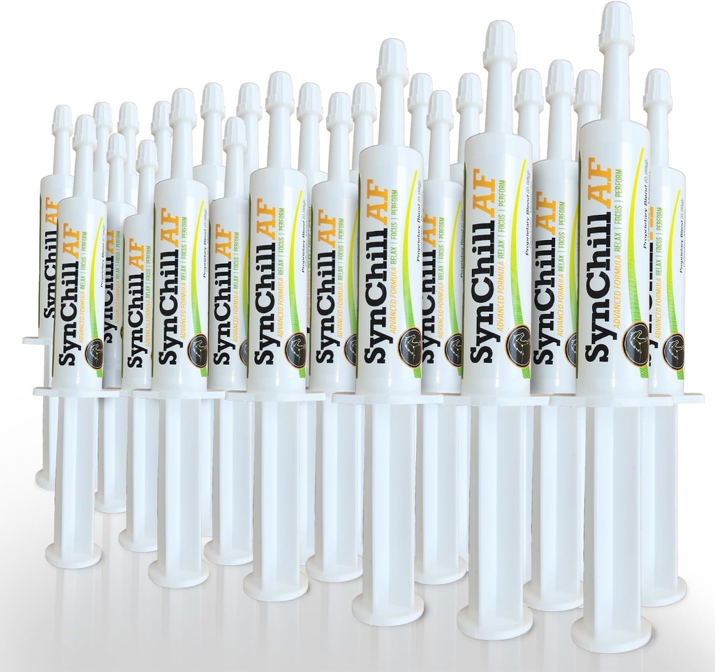 SynChill AF Gel calmante per cavalli nervosi - Single Serving - Formula avanzata con L-teanina, Potenziamento aumentato, Supplemento naturale al 100%, Supporto di Disposizione e Confidenza per Cavalli - 25 Pack