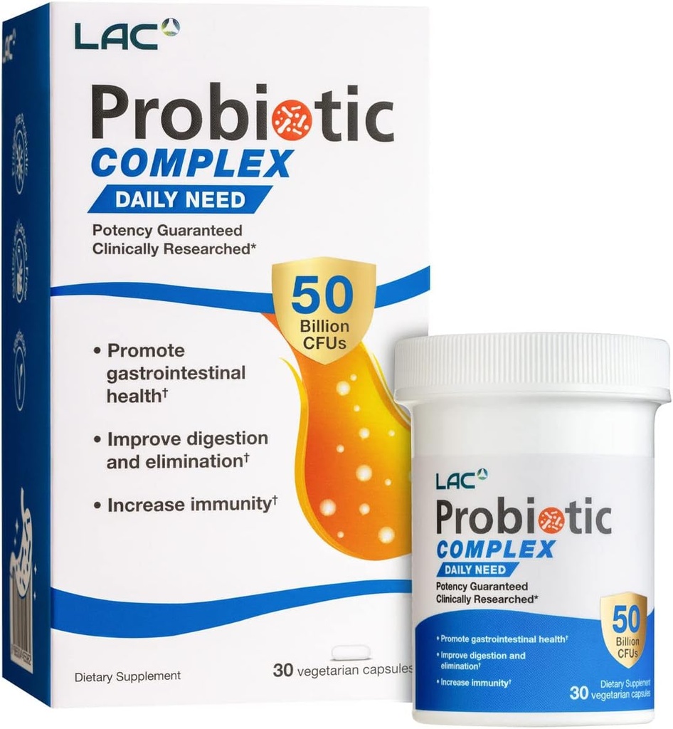 LAC Probiotic Complex 50 miliardi di CFU | Supplemento digestivo | Probiotici attivi per ripristinare l'equilibrio batterico intestinale, supporto IBS (30 capsule vegetariane)